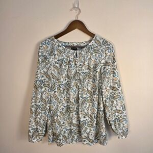 Talbots Paisley Blouse Women Large Blue Yellow Cotton Button Front Ladder Lace
